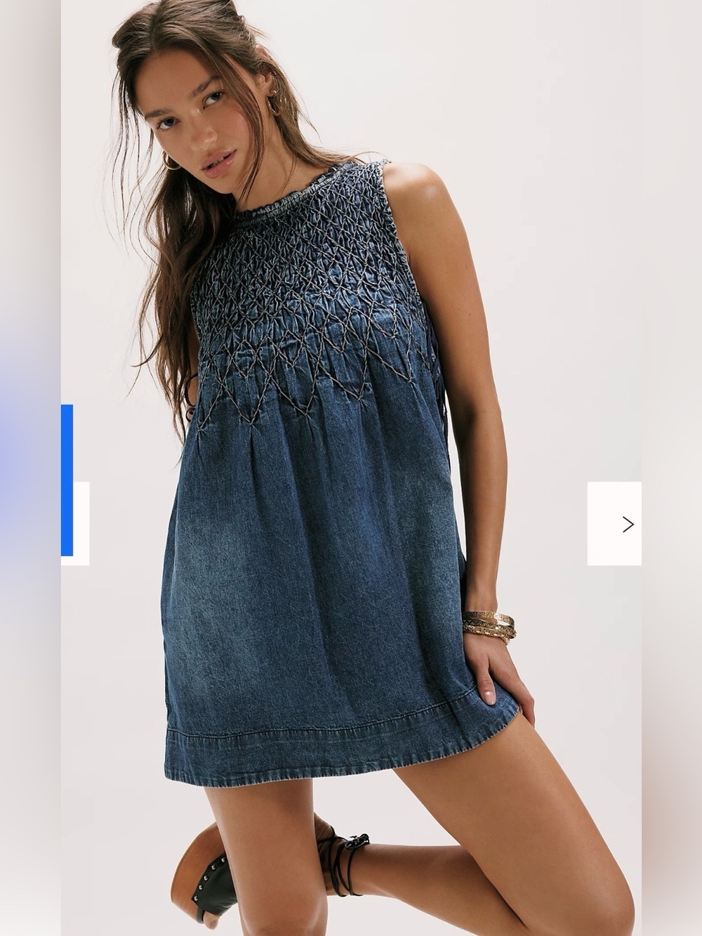Free People Maisie Smocked Denim Mini Dress Color: True Blue Wash Large NWT